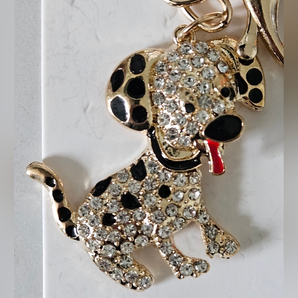 Mint Rhinestone Clear & Black Dalmatian Bag Charm Keychain w/ Gold Tone Hardware - Picture 2 of 2